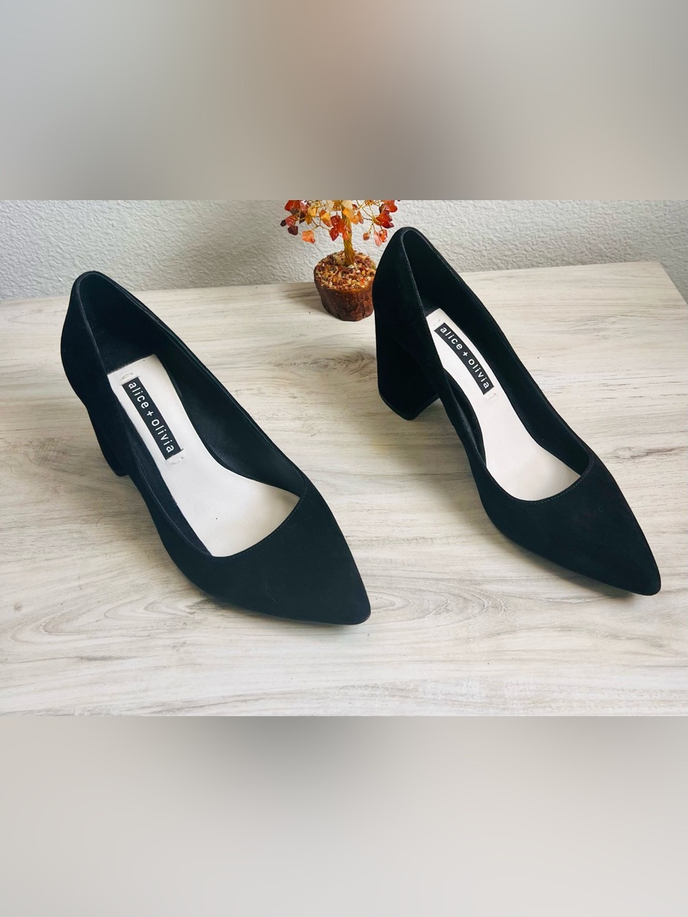 Alice + Olivia Black Suede Pointed Toe Block Heel Pumps Size 8